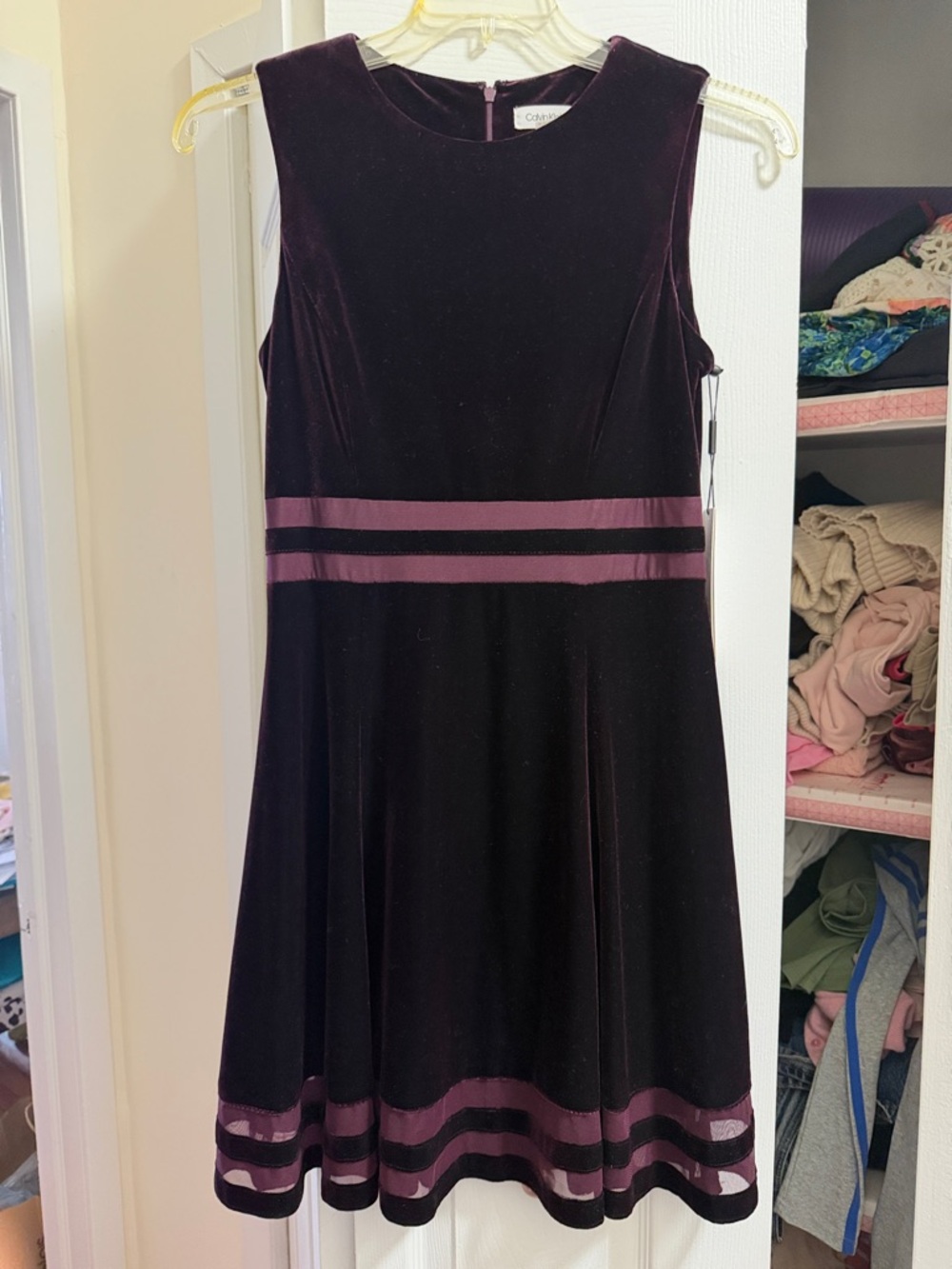 Calvin Klein Sleeveless Velvet Fit-and-Flare Dress in Plum and Deep Purple